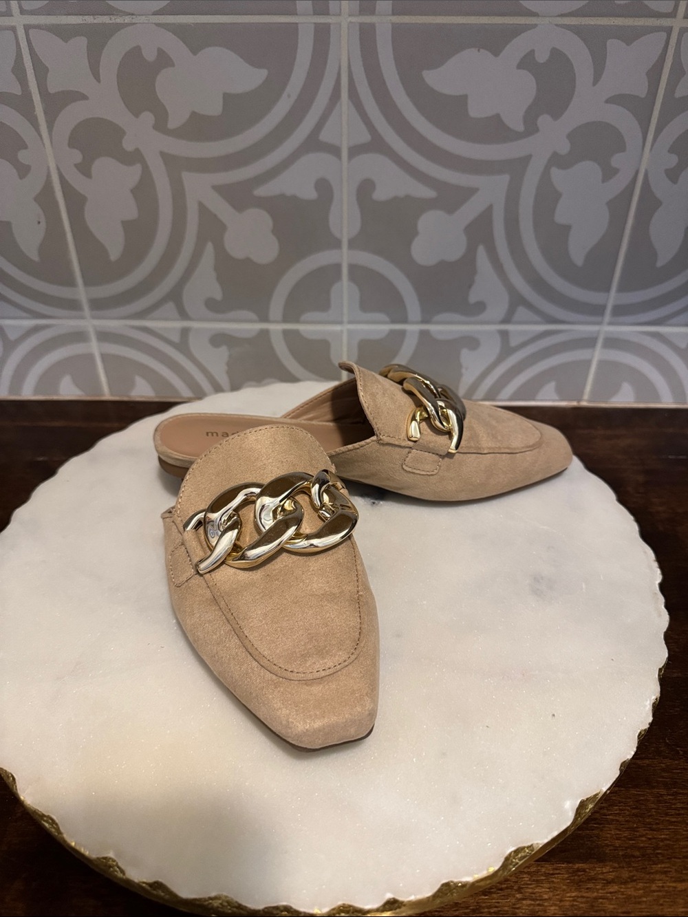 Madden Girl Taupe Suede Chain-Trim Mule
